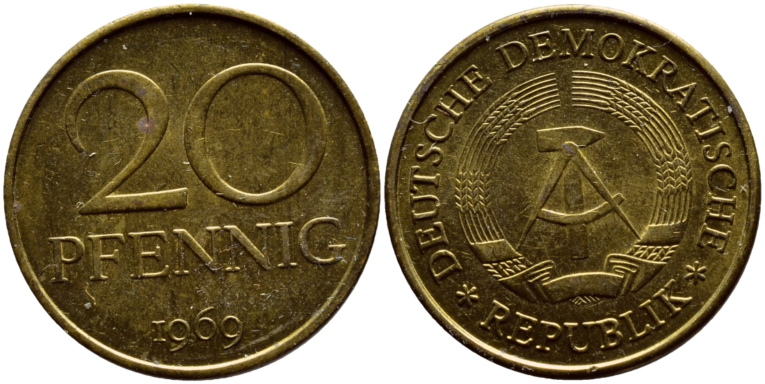 ГДР 20 пфеннигов 1969 А, первый год KM 11 латунь UNC 4398-831