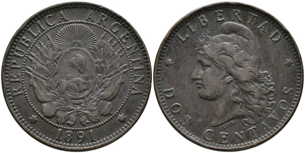 Аргентина 2 сентаво 1891 голова свободы влево KM 8 бронза 4531-1043