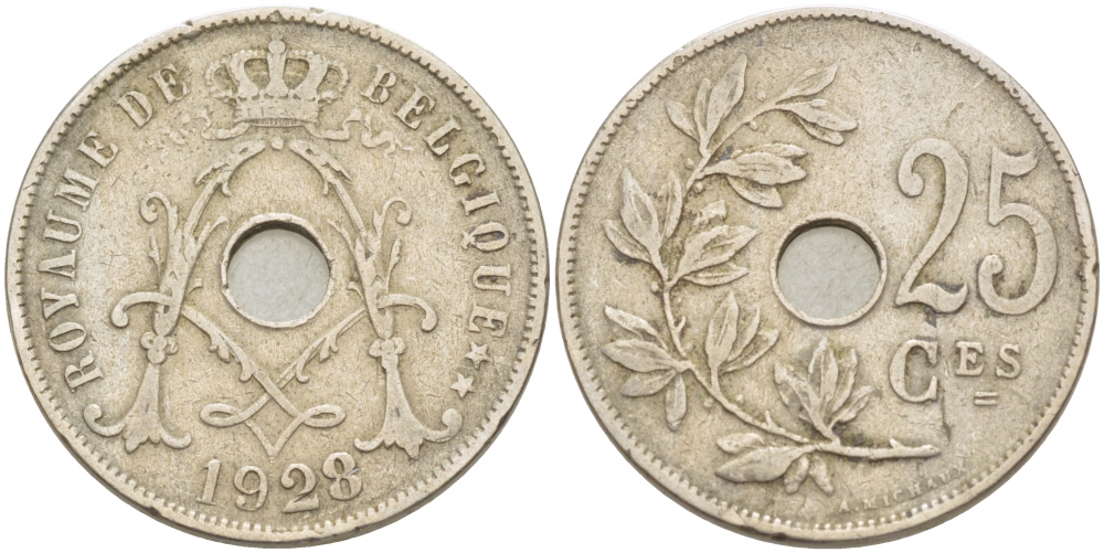 БЕЛЬГИЯ 25 САНТИМОВ 1928 BELGIQUE KM 68.1 медно-никель 87-1541
