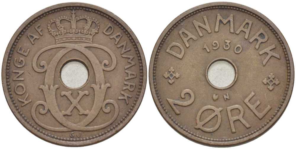 ДАНИЯ 2 ЭРЕ 1930 N; GJ, КРИСТИАН X (1912-1947) KM 827.2 бронза 67-213