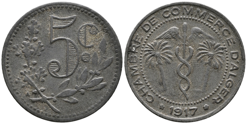 Алжир, Французская оккупация 5 сантимов 1917 Alger Chamber of Commerce KM TnA3 цинк 34-831
