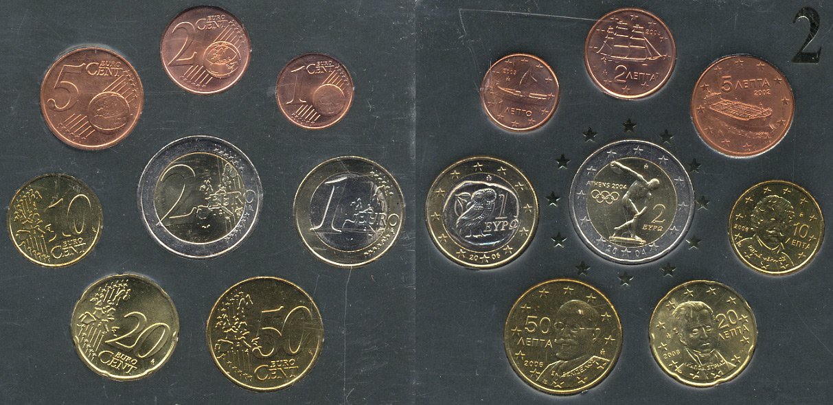 Греция евронабор от 1 евроцента до 2 евро  включает 2 евро 2004 Олимпиада в Греции, планшет  биметалл, медно-никель  UNC  4-4-1-52