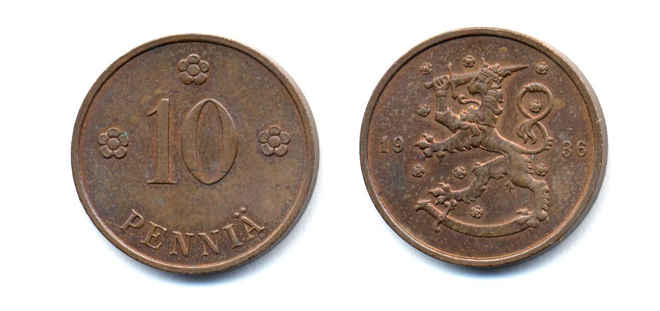 Финляндия 10 пенни 1936 республика (1918-1962) KM 24 медь 51-5542
