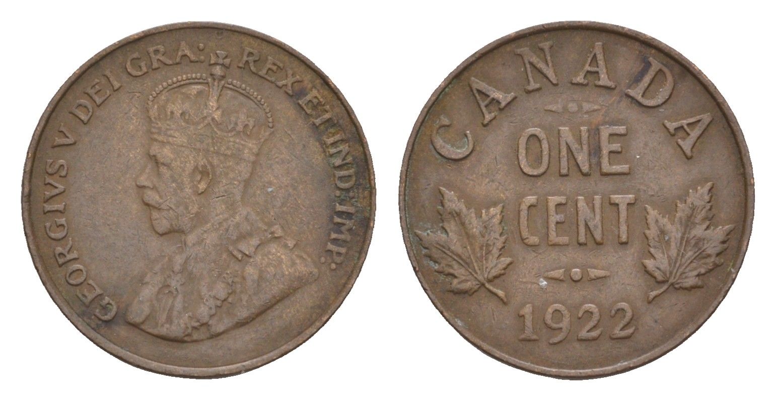 Канада 1 цент 1922 Георг V (1910-1936), редкий год - 1.243.635 экземпляров KM 28 бронза 1518-1432