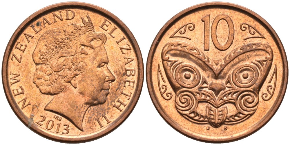 Новая Зеландия 10 центов 2013 маска Маори, Елизавета II (1952-) KM 117а сталь плакированная медью 106-927
