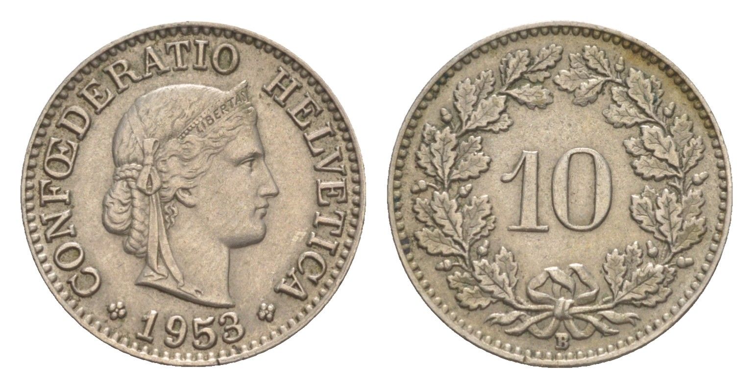 Швейцария 10 раппенов 1953 B KM 27 медно-никель 4625-143