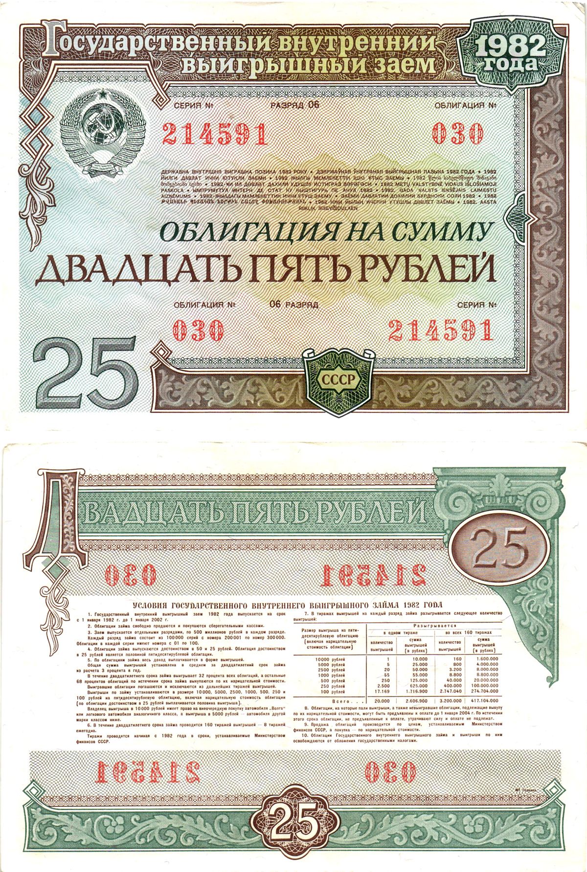 СССР облигация в 25 рублей 1982 государственный внутренний выигрышный заем, разряд 06   бумага  aUNC 8609-47-1-2