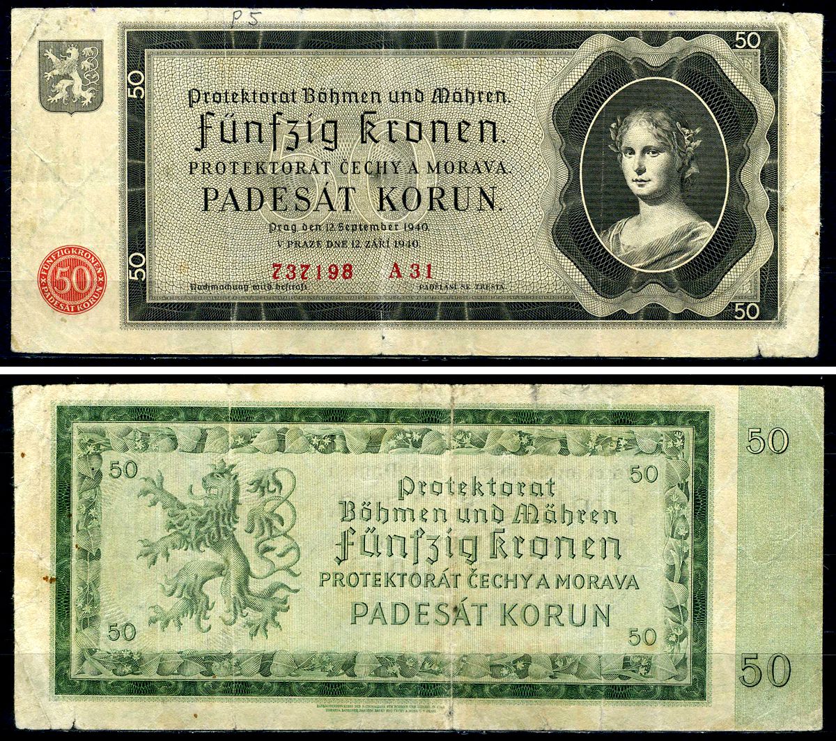 Богемия и Моравия 50 крон 1940 Pick 5 бумага 7547-49-2-2