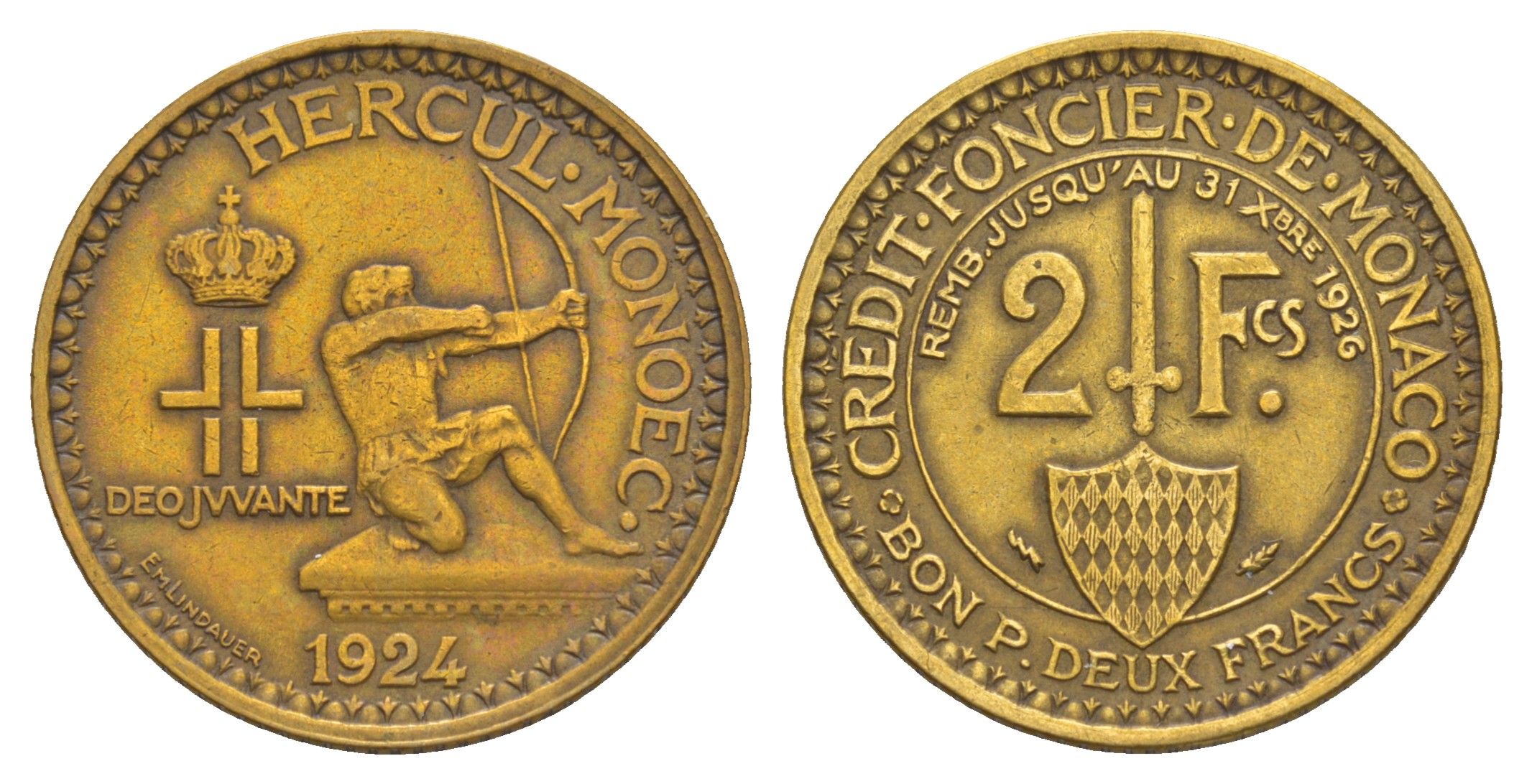 Монако 2 франка 1924 год-тип KM 112 алюминиевая бронза 5010-915