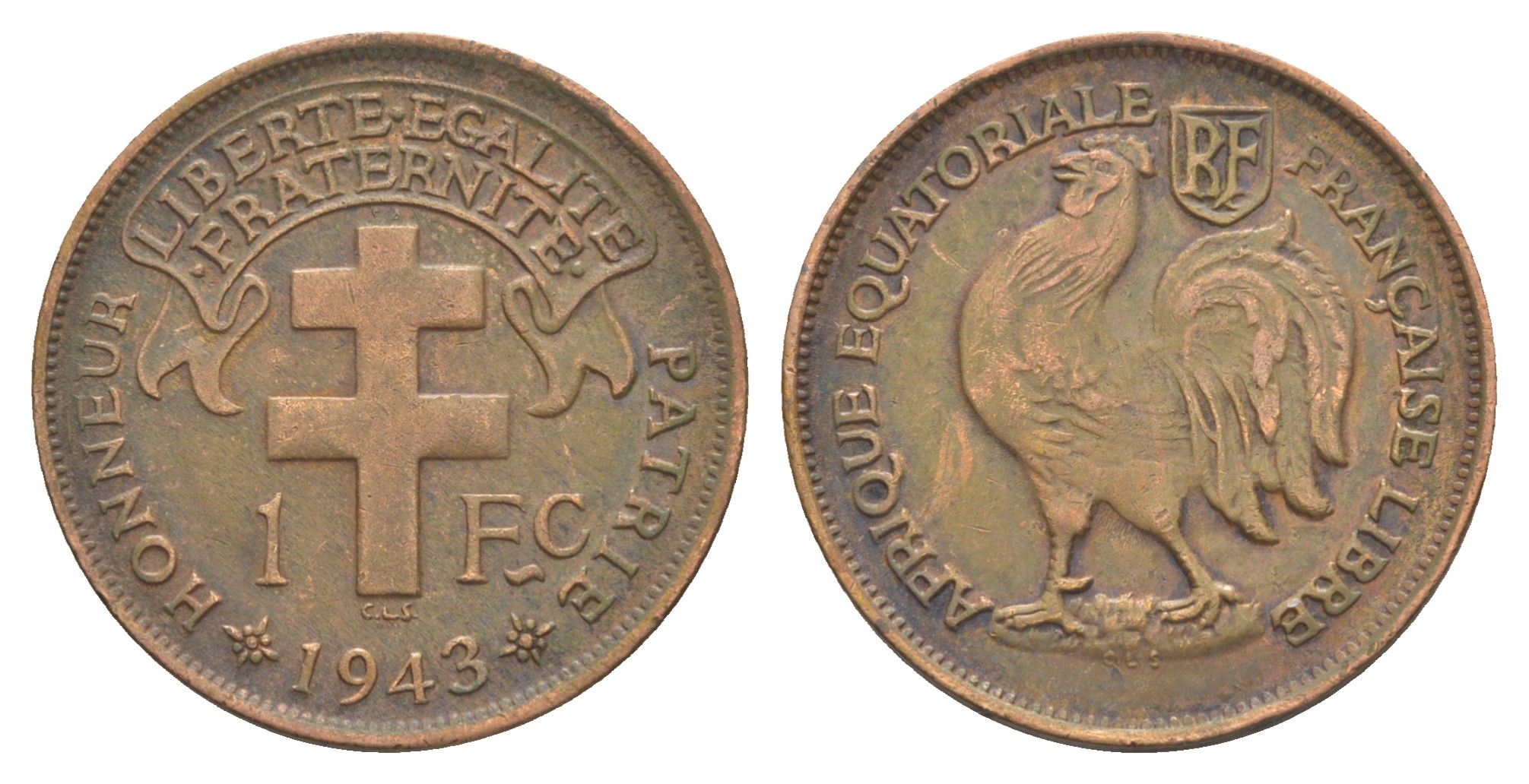 Французская Экваториальная Африка 1 франк 1943 KM 2a бронза 1522-1444