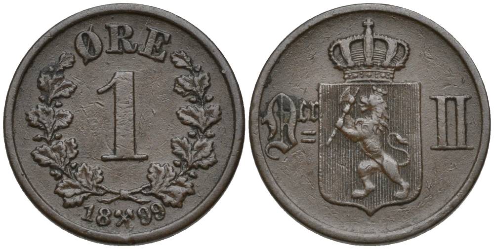 НОРВЕГИЯ 1 ЭРЕ 1899 ШВЕДСКОЕ ПРАВЛЕНИЕ (1814-1905) KM 352 бронза 4549-1158