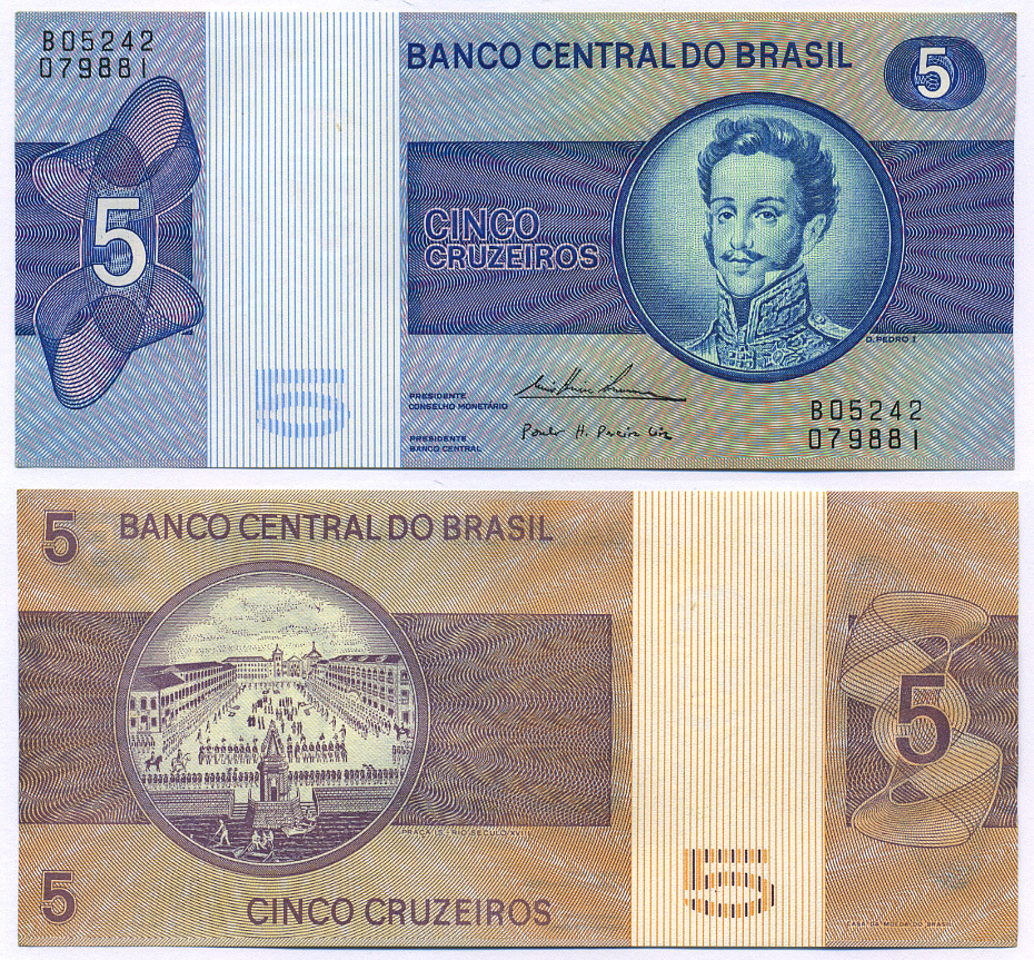 БРАЗИЛИЯ 5 КРУЗЕЙРО 1974 СЕРИЯ 5242, ПОДПИСЬ 18, ПЕДРУ I, ИМПЕРАТОР БРАЗИЛЬСКОЙ ИМПЕРИИ Pick 192с бумага aUNC 8564-53-2