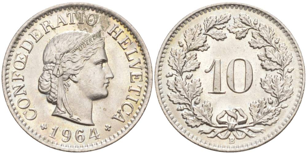 ШВЕЙЦАРИЯ 10 РАППЕНОВ 1964 В KM 27 медно-никель 55-343