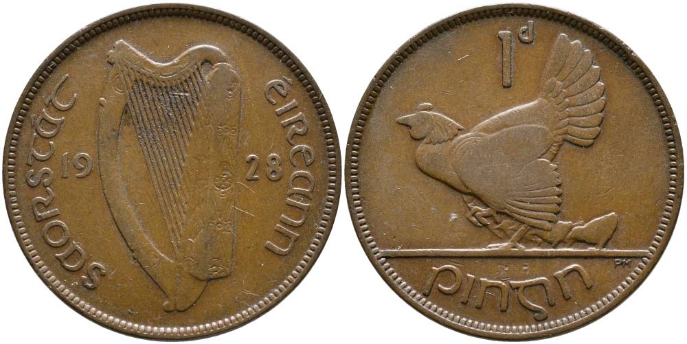 Ирландия 1 пенни 1928 курица с цыплятами KM 3 бронза 4531-621