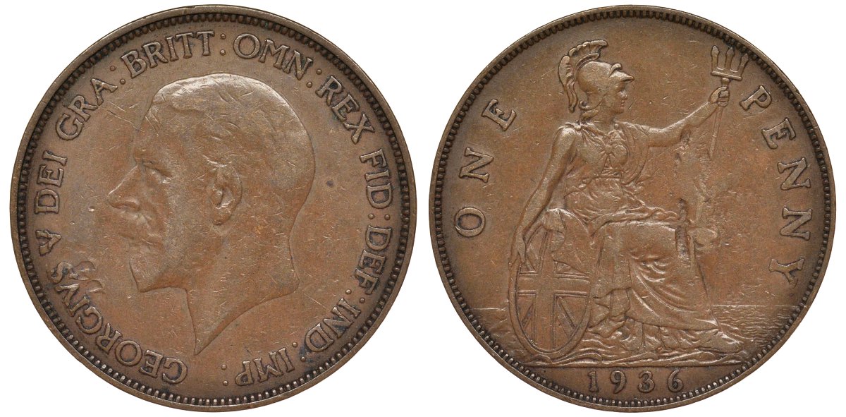 Великобритания 1 пенни 1936 Георг V (1910-1936) KM 838, Spink 4055 бронза 4123-1046