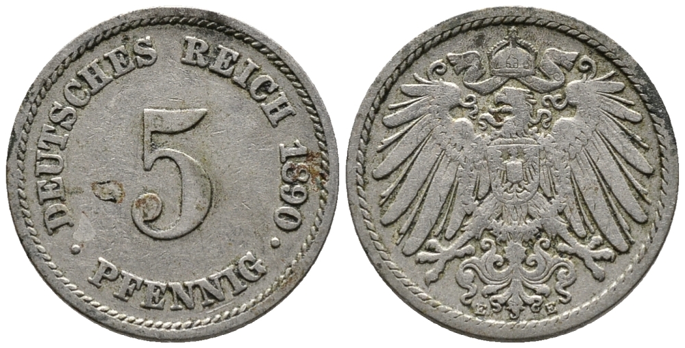 ГЕРМАНИЯ 5 ПФЕННИГОВ 1890 E KM 11, J. 12 медно-никель 39-631
