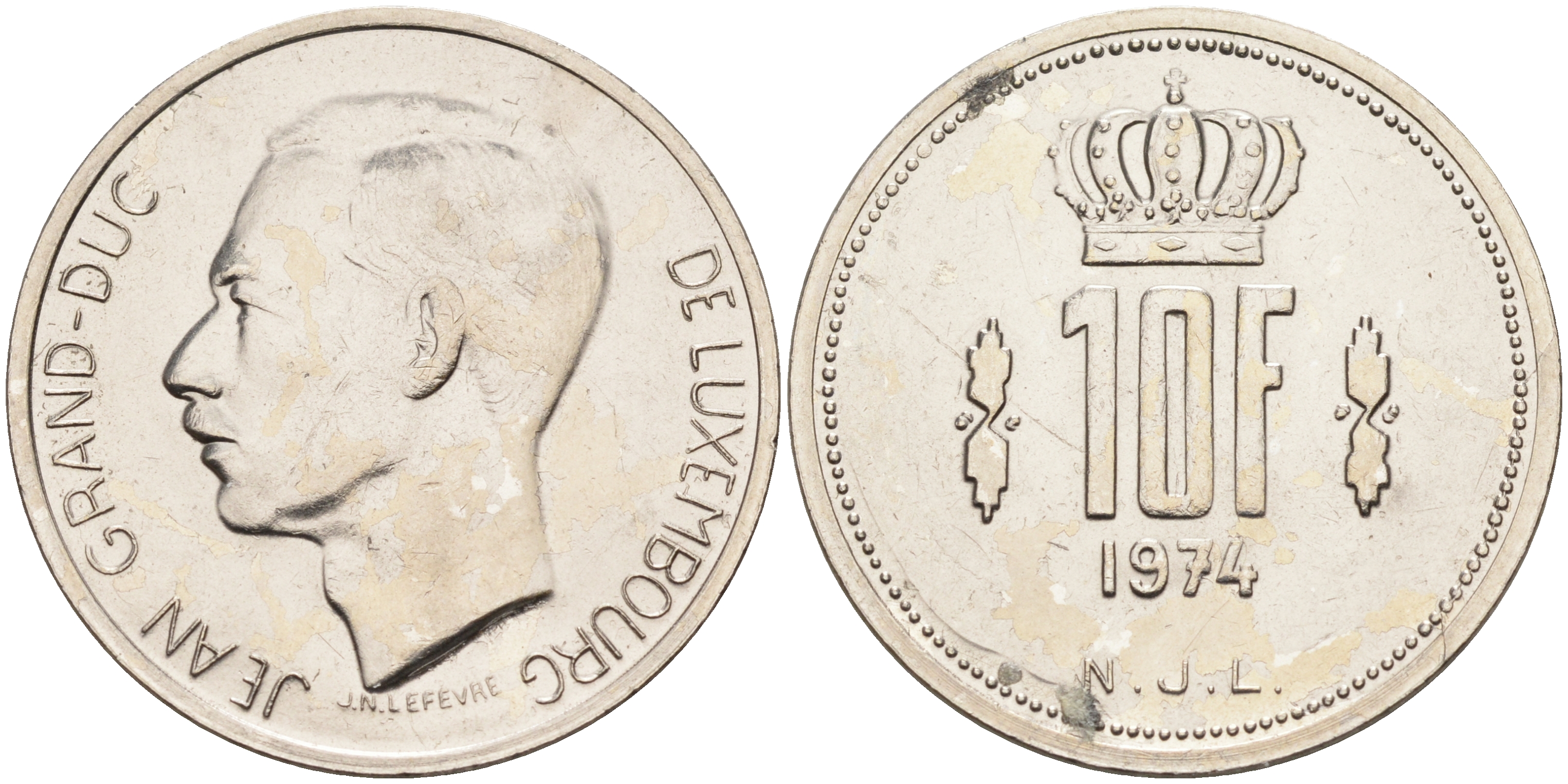 Люксембург 10 франков 1974 великий герцог Жан KM 57 никель    4140-1211