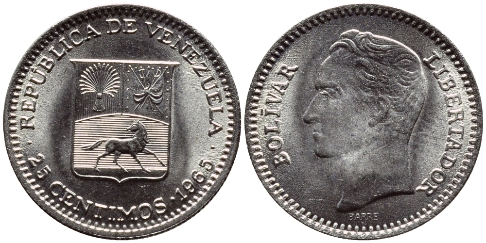 Венесуэла 25 сентимо 1965 Симон Боливар KM 40 никель UNC 4392-946