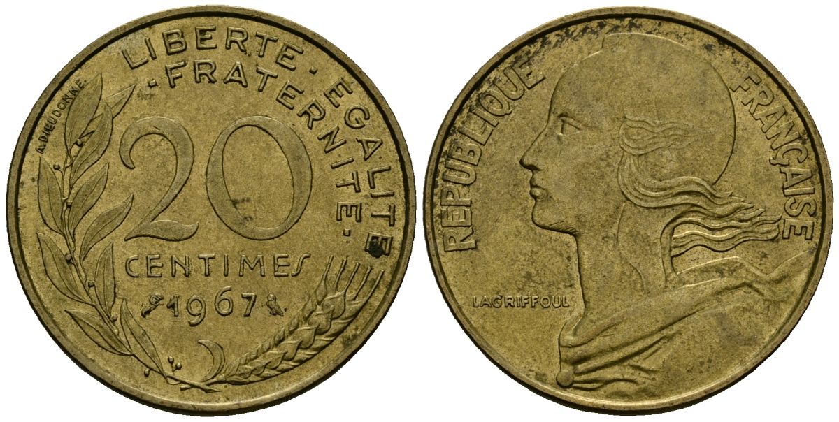 Франция 20 сантимов 1967 тип Marianne KM 930 медь алюминий никель 4135-556