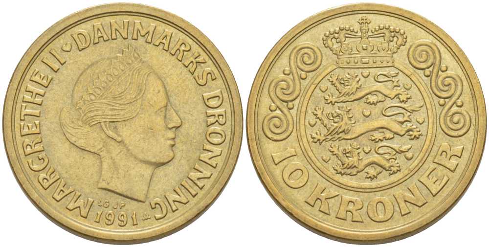 ДАНИЯ 10 КРОН 1991 LG; JP; A, МАРГРЕТЕ II (1972-) KM 867.2 алюминиевая бронза 202-843