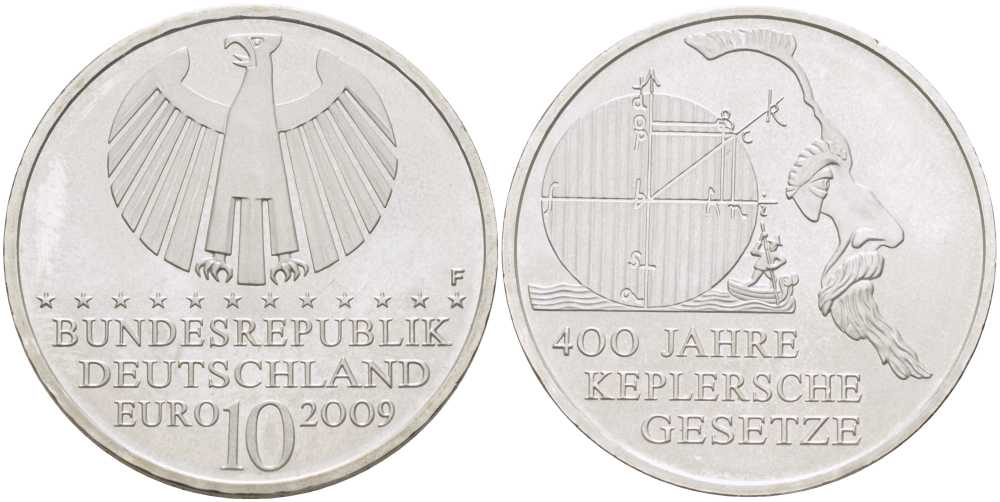 ФРГ 10 евро 2009 F, 400 лет законам Кеплера KM 280, DE.S. 10.40 серебро UNC 413-711