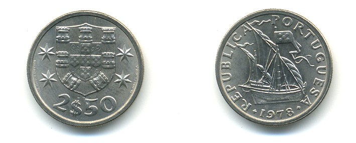 ПОРТУГАЛИЯ 2,5 ЭСКУДО 1978 ПАРУСНИК KM 590 медно-никель 176-145