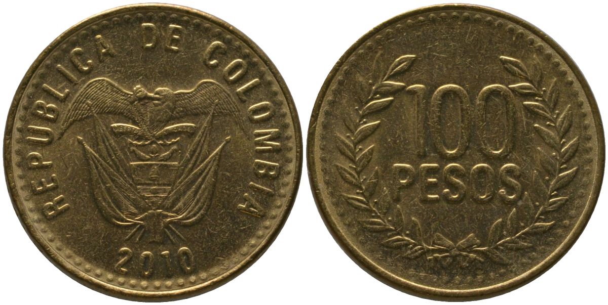 Колумбия 100 песо 2010 KM 285.2, Restrepo 445.11 латунь 4539-132