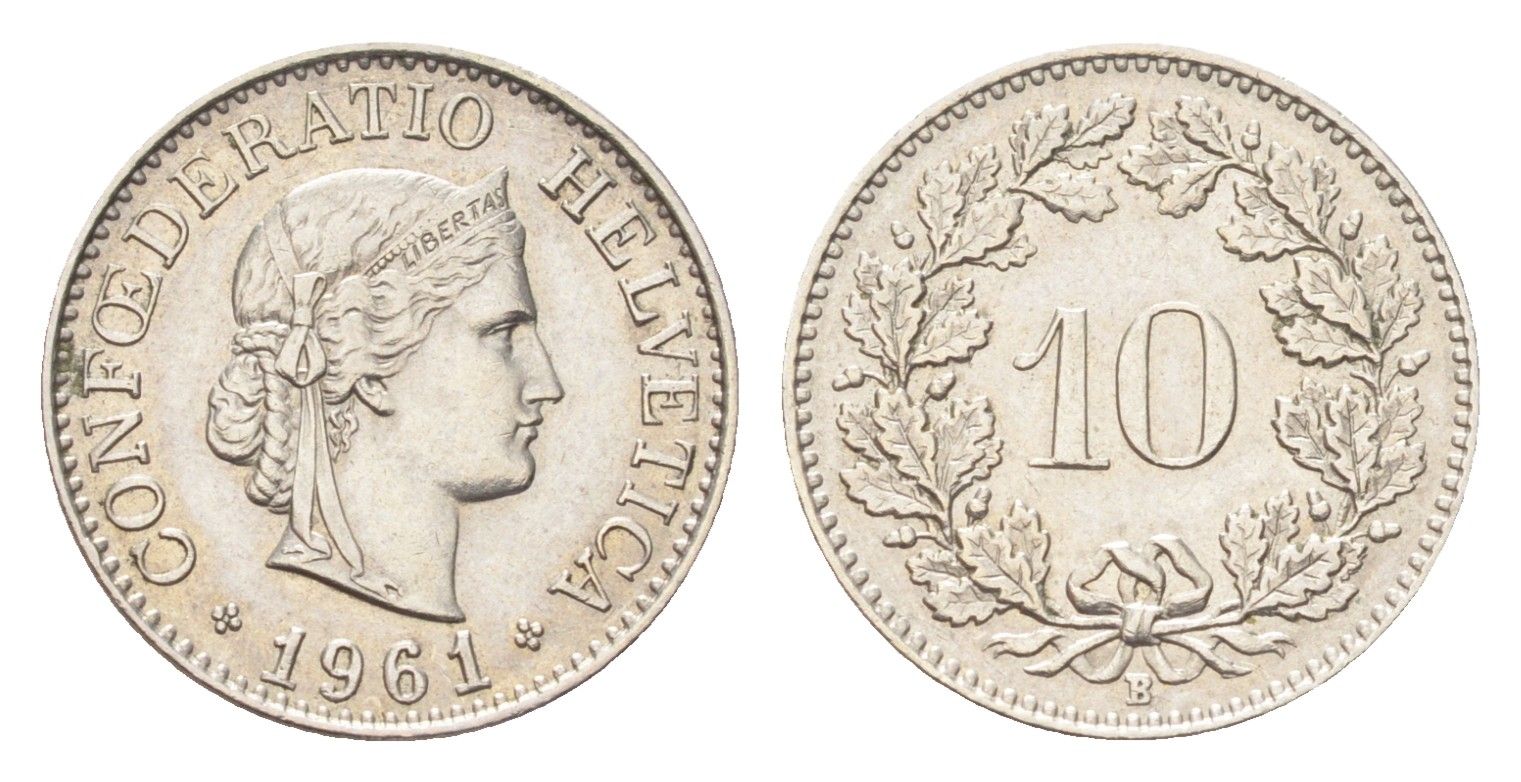 Швейцария 10 раппенов 1961 B KM 27 медно-никель 4708-214