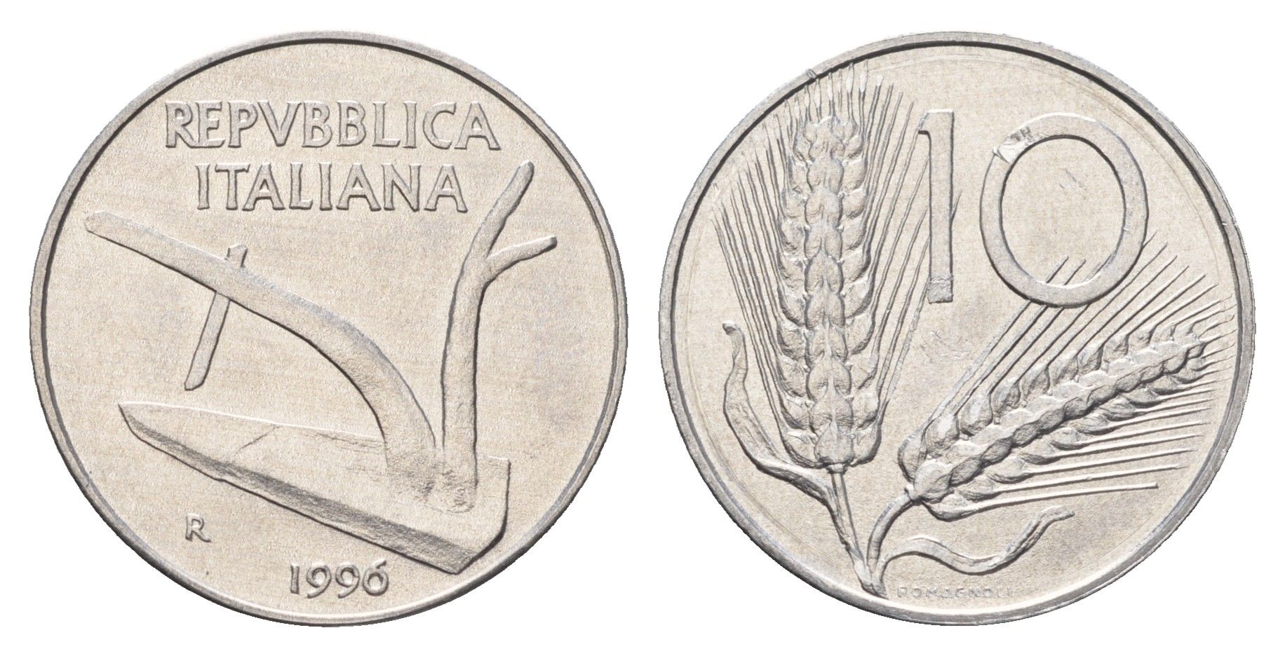 Италия 10 лир 1996 R, плуг, колосья KM 93 алюминий UNC 4631-454