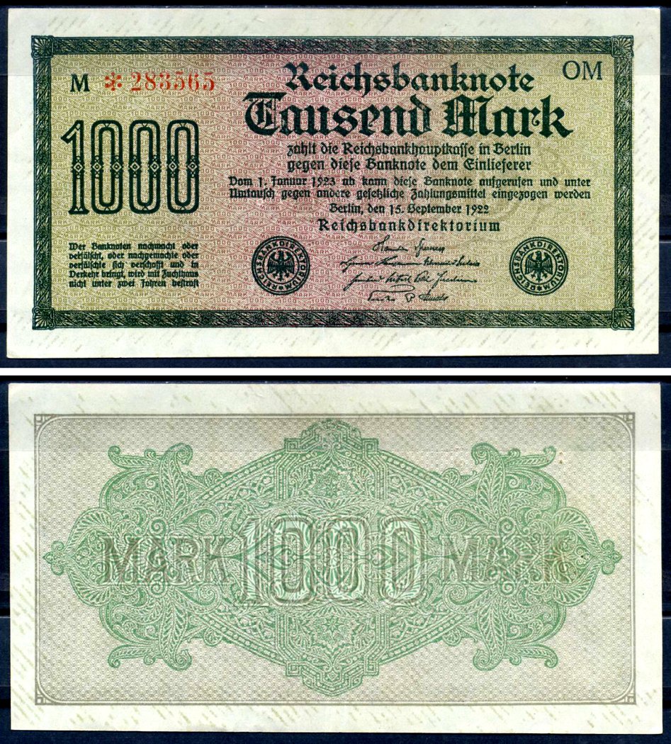 Германия 1000 марок 1922 выпуск 15 сентября 1922, водяной знак J, зеленая бумага, серия OM, буква M Pick 76 g (2) бумага 6279-32-1-1