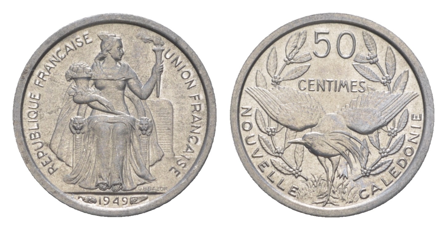 Французская Новая Каледония 50 сантимов 1949 птица кагу, заморские территории KM 1 алюминий  aUNC  4640-864