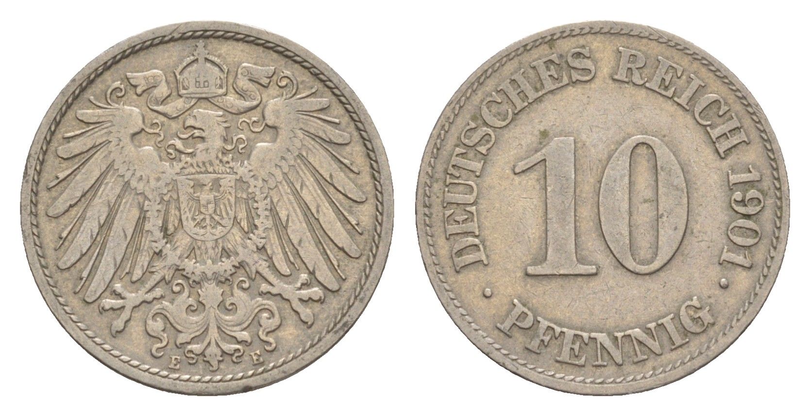 Германия 10 пфеннигов 1901 E, Вильгельм II (1888-1918) KM 12, J. 13 медно-никель 4640-252