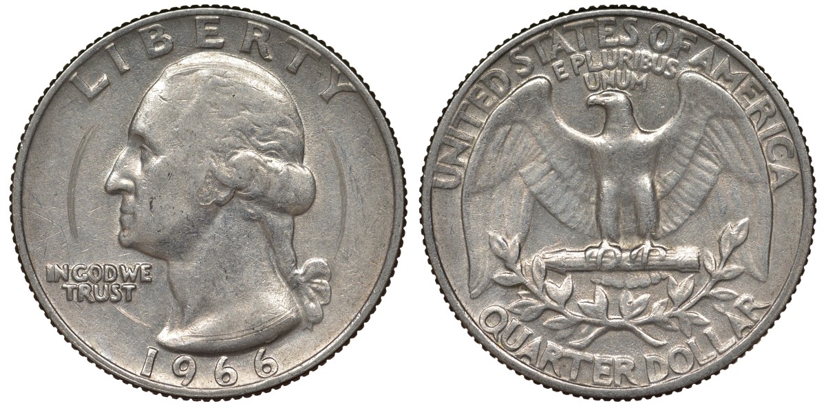 США 25 центов (квотер) 1966 Вашингтон KM 164а медь плакированная медно-никелем 4128-623