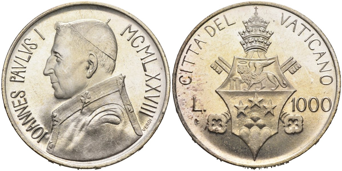 Ватикан 1000 лир 1978 папа Иоанн Павел I, в оригинальном картонном буклете, тираж 20000 экз. KM 142 серебро BUNC 3-4-8-81