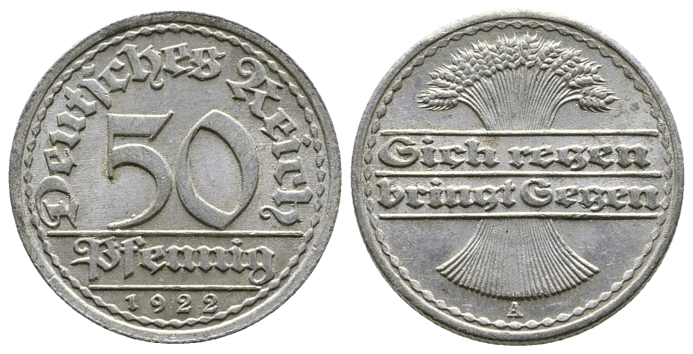 ГЕРМАНИЯ 50 ПФЕННИГОВ 1922 A KM 27, J. 301, Weege 10 алюминий 4380-911