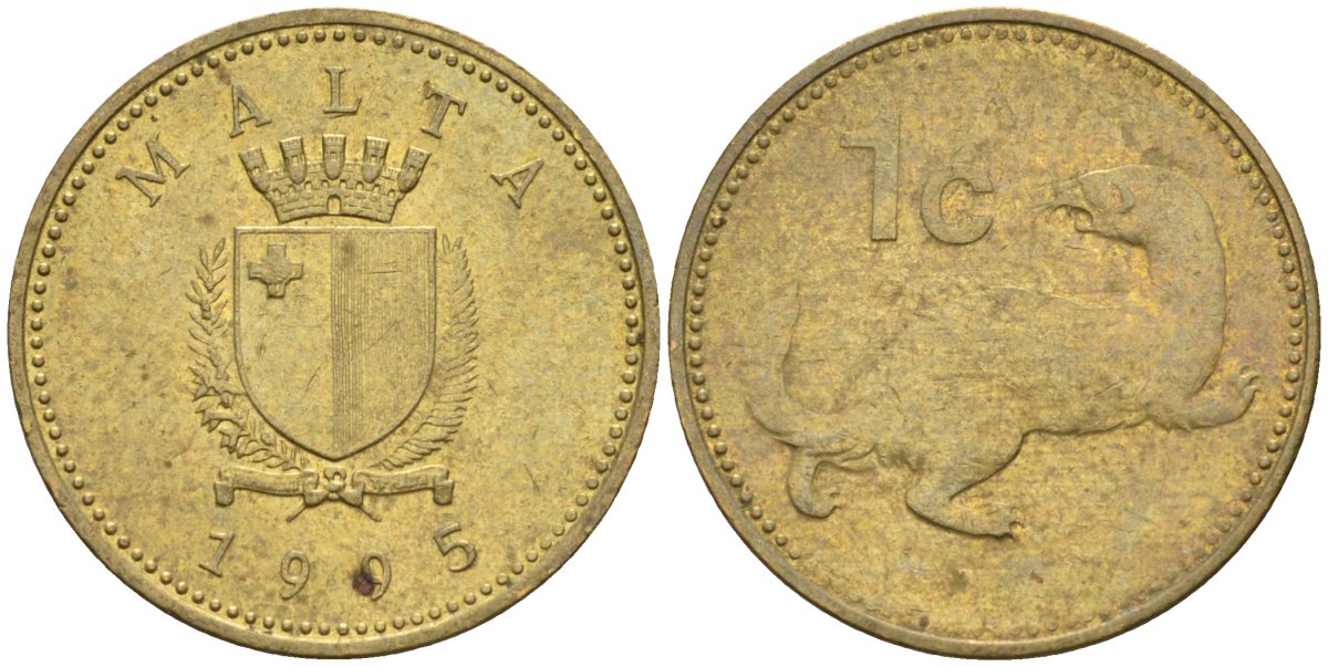 Мальта 1 цент 1995 ласка, горностай KM 93 никель латунь 4585-1228