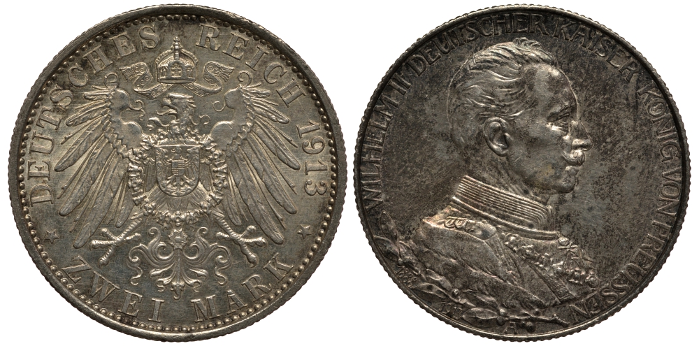 Пруссия 2 марки 1913 A, Вильгельм II (1888-1918), 25 лет правления (мундир) Weege 111, J. 111, KM 533 серебро 3711-833