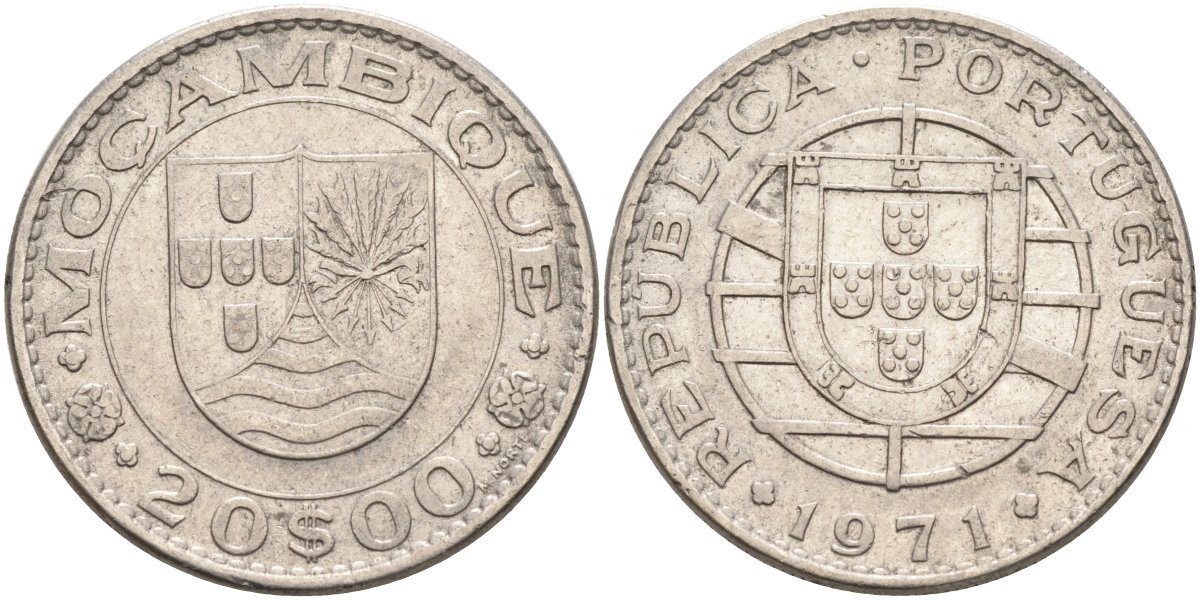Португальский Мозамбик 20 эскудо 1971 KM 87 никель 189-1235