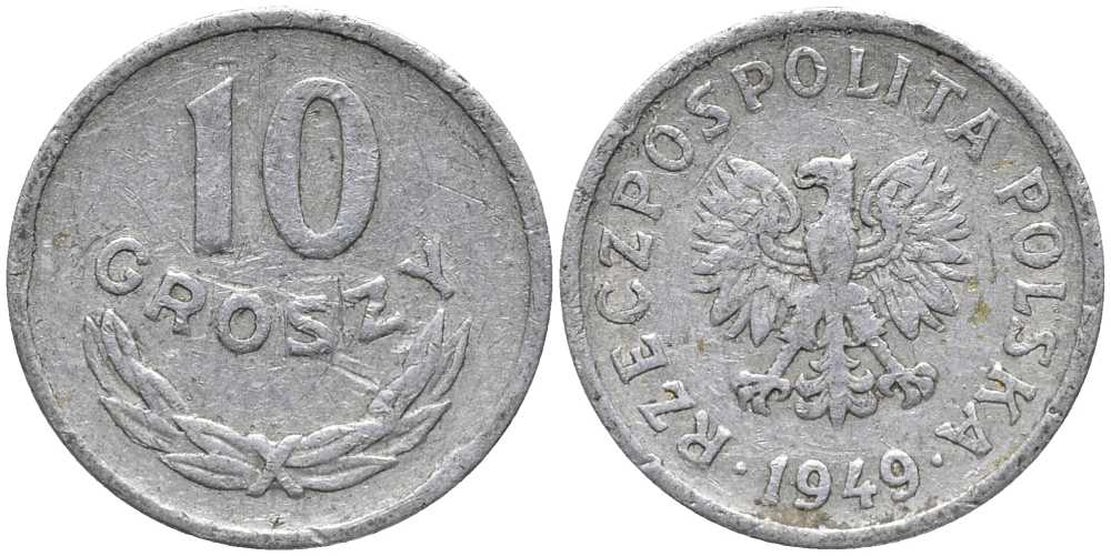 ПОЛЬША 10 ГРОШЕЙ 1949 KM 42а алюминий 116-613
