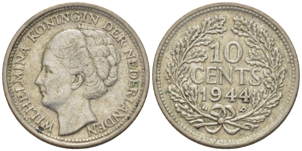 Нидерланды 10 центов 1944 Вильгельмина (1890-1948) KM 163 серебро 66-1234