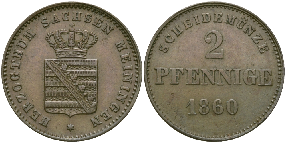 Саксен-Мейнинген 2 пфеннига 1860 Бернгард II (1803-1866) KM 171 медь 99-635