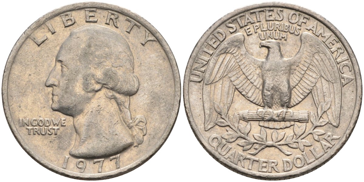 США 25 центов (квотер) 1977 Вашингтон KM A164a медь плакированная медно-никелем 4584-1047