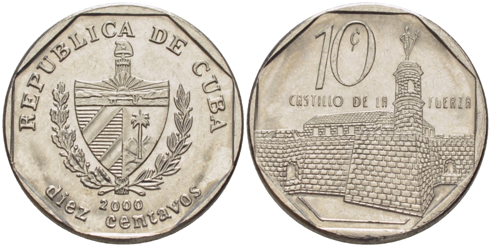 Куба 10 сентаво 2000 форт в Гаване Ла-Фуэрса KM 576.2 сталь плакированная никелем 66-711