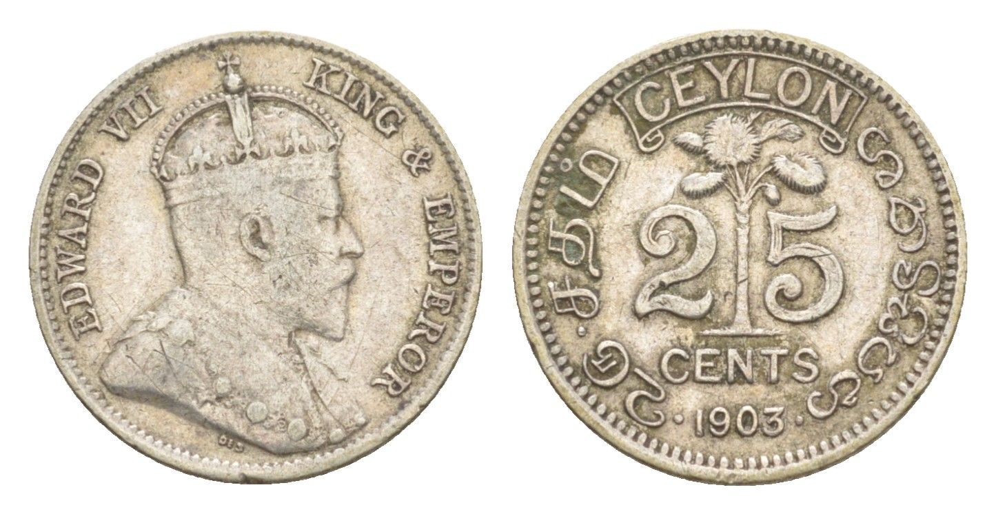 Цейлон 25 центов 1903 Эдуард VII (1901-1910) KM 98 серебро 75-935