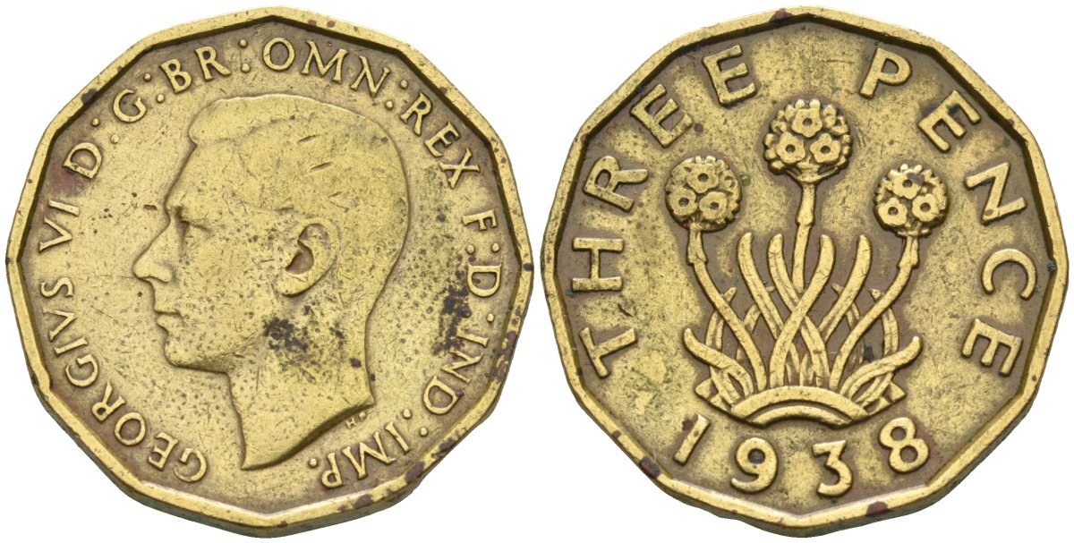 Великобритания 3 пенса 1938 Георг VI (1936-1952) KM 849, Spink 4112 никель латунь 4591-1035