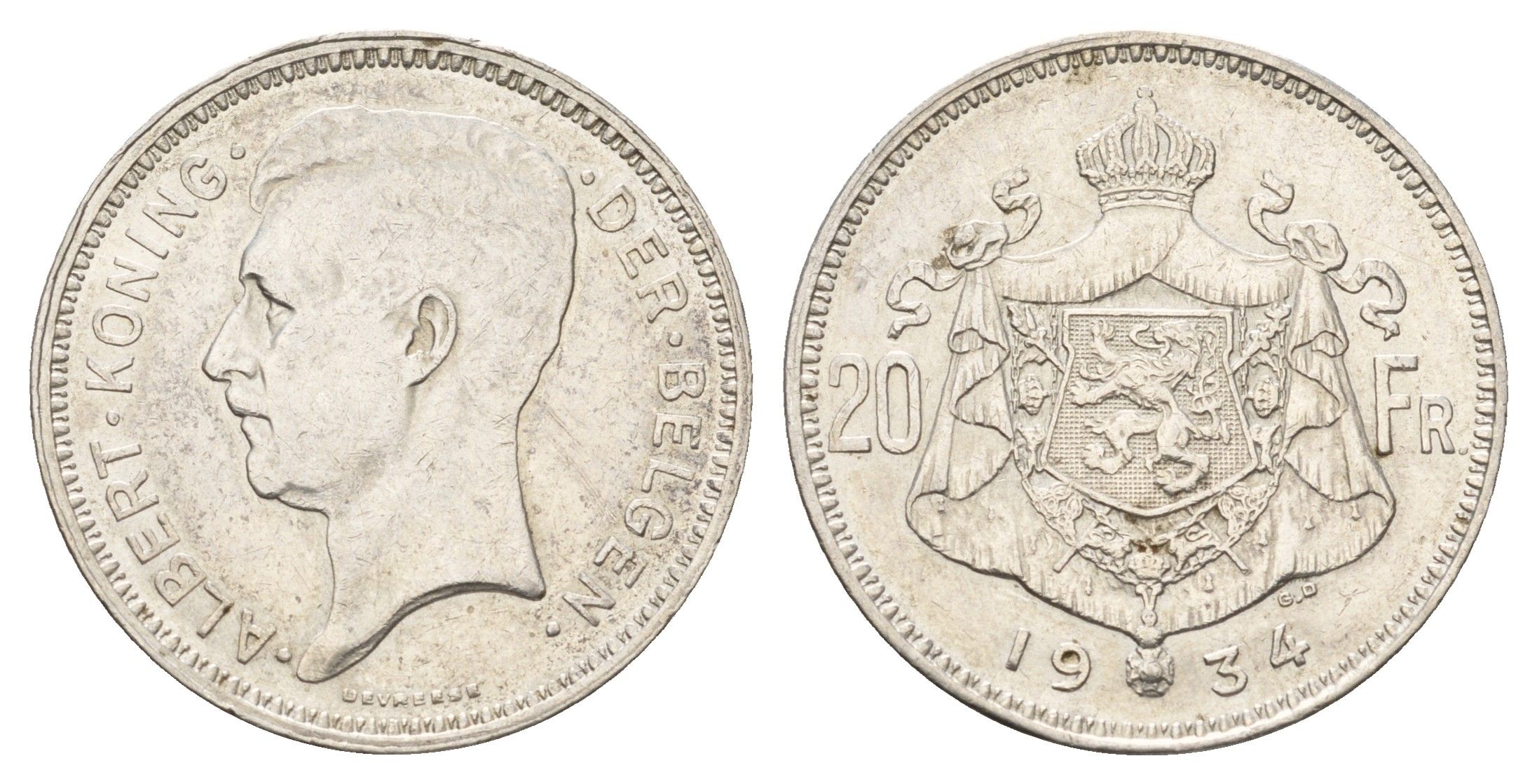 Бельгия 20 франков 1934 Der Belgen, Альберт I (1909-1934) KM 104 серебро 4675-813