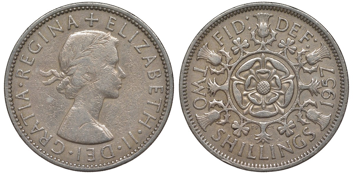 Великобритания 2 шиллинга (флорин) 1957 Елизавета II (1952-2022) KM 906, Spink 4146 медно-никель 4123-924