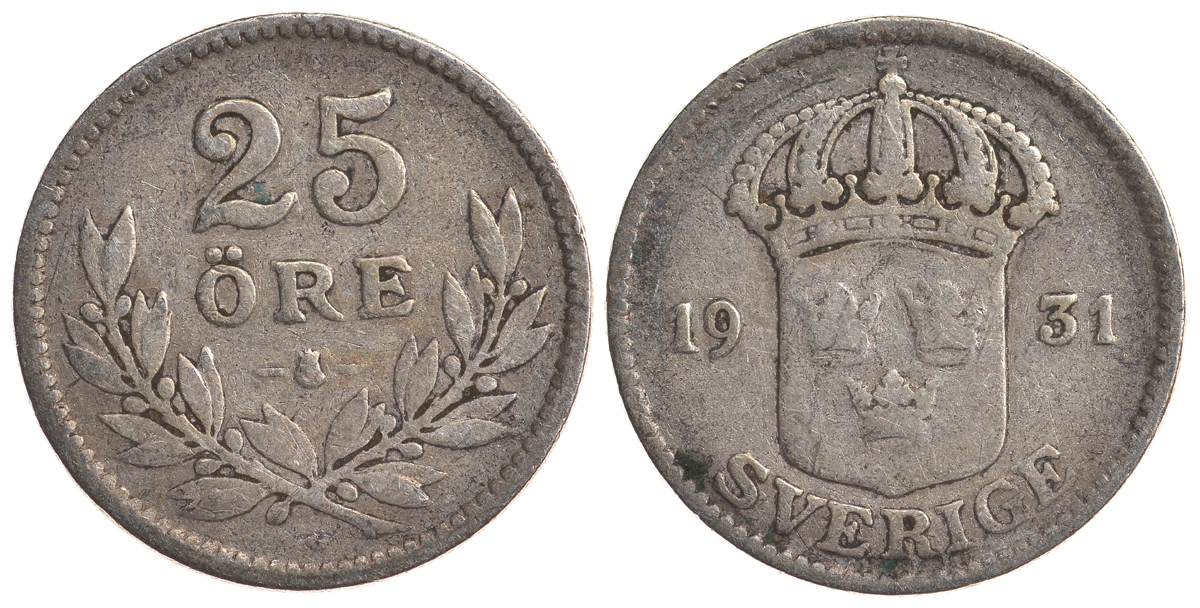 Швеция 25 эре 1931 G, Густав V (1907-1950) KM 785 серебро 4179-844