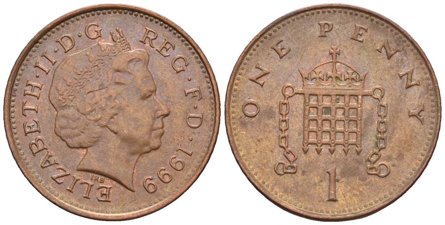 Великобритания 1 пенни 1999 Елизавета II (1952-2022) KM 986, Spink 4710 (B5) сталь плакированная медью 4609-546