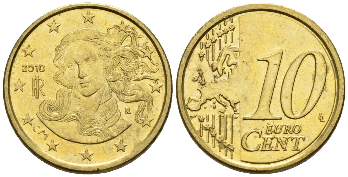 Италия 10 евроцентов 2010 KM 213 нордик 4147-758